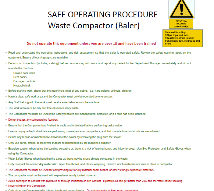 Waste Compactor (Baler) - Risk Assessment